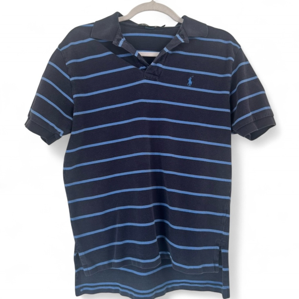 Ralph‎ Lauren Men's Navy Blue Striped Cotton Polo Shirt Pony Logo Size Medium